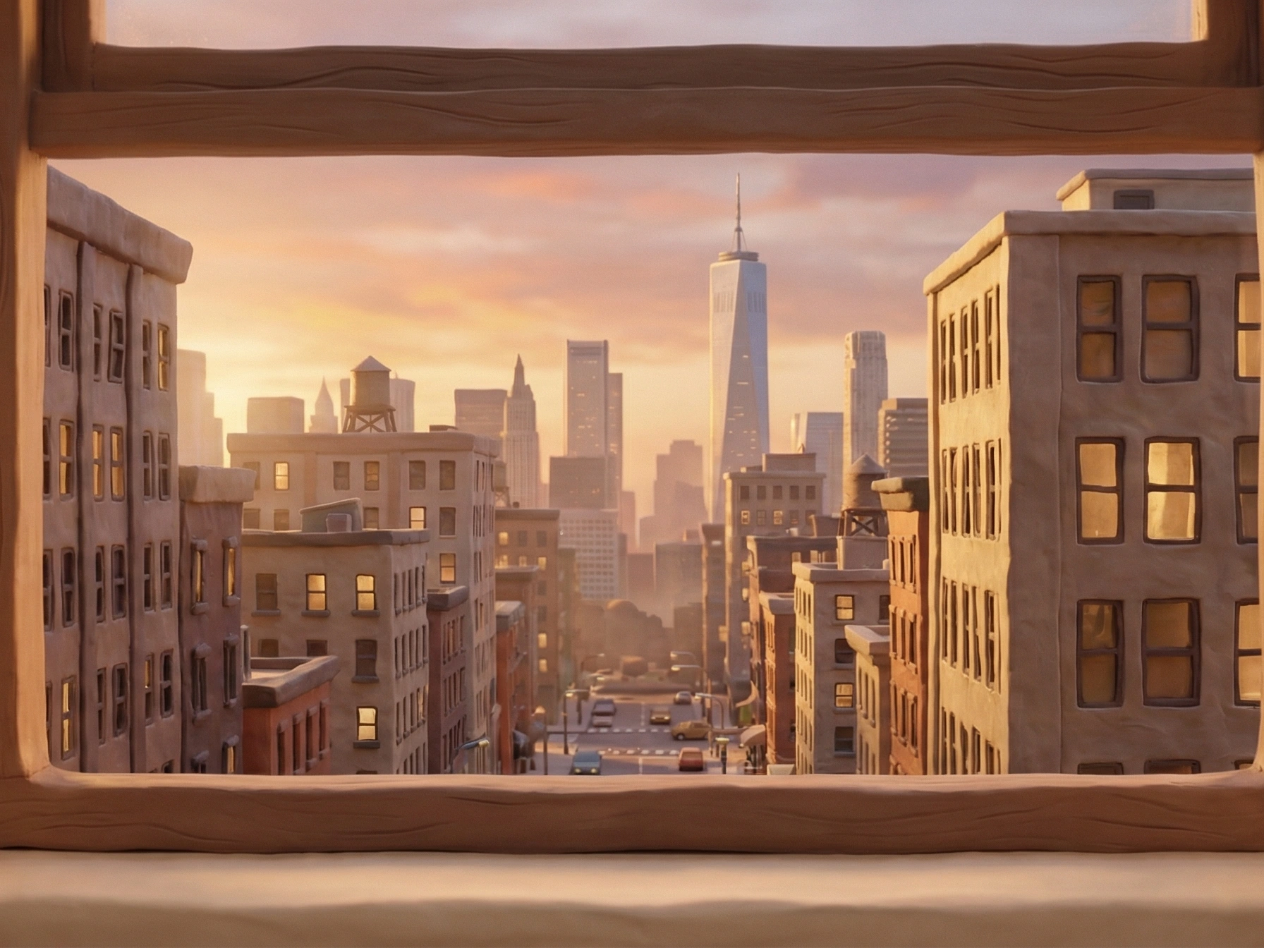 ENDL animated character, window overlooking the city