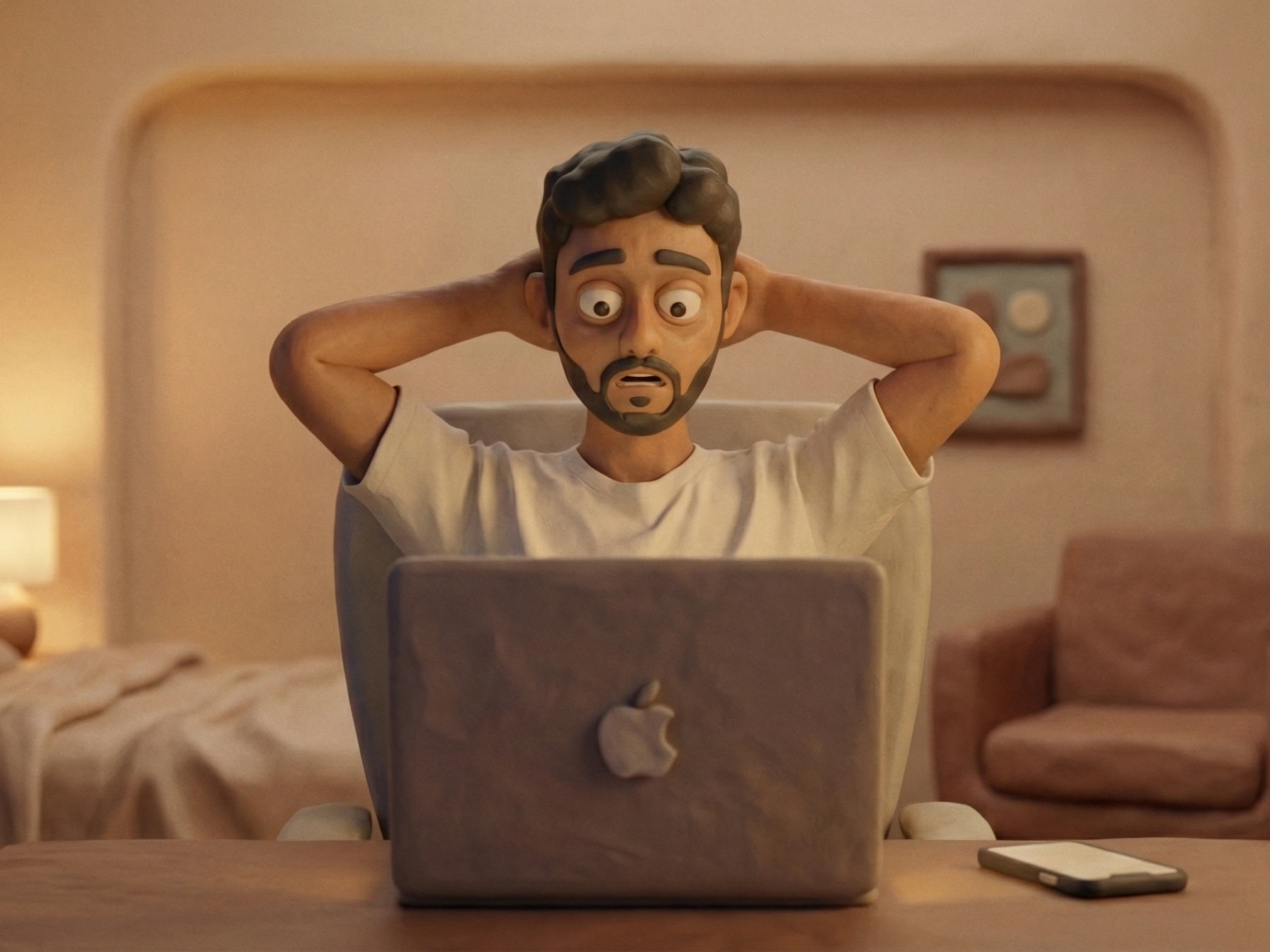 ENDL animated character, stressed at laptop